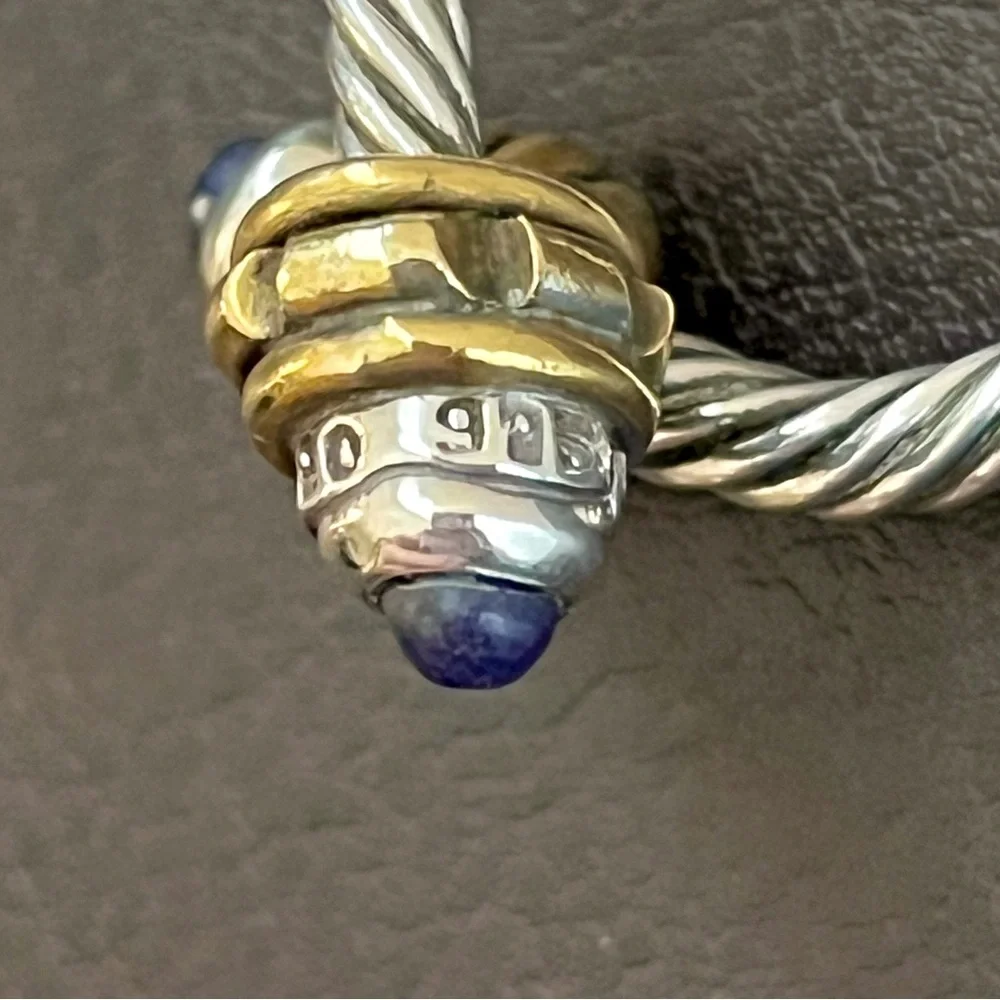 Vintage Taxco Mexico sterling silver brass and lapis cable bypass ring